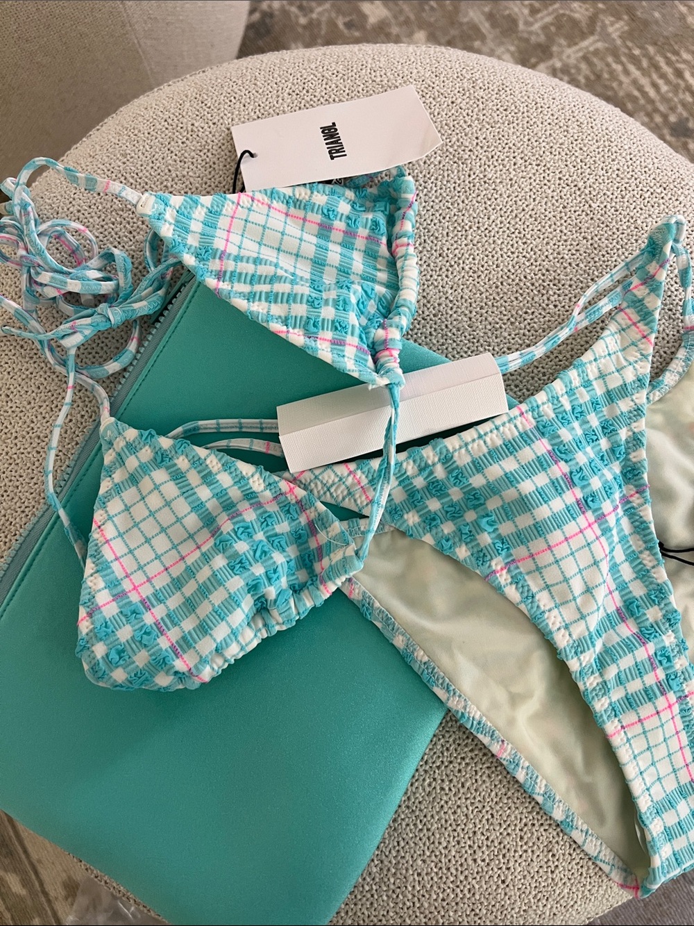 NWT triangl swimwear Blue Bloss Check Tie-Side Triangle Bikini size Small - Picture 3 of 15